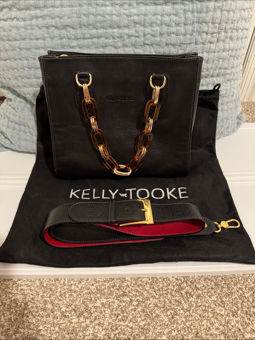 Kelly -Tooke Black Leather Shoulder Bag with Gold Chain Accent